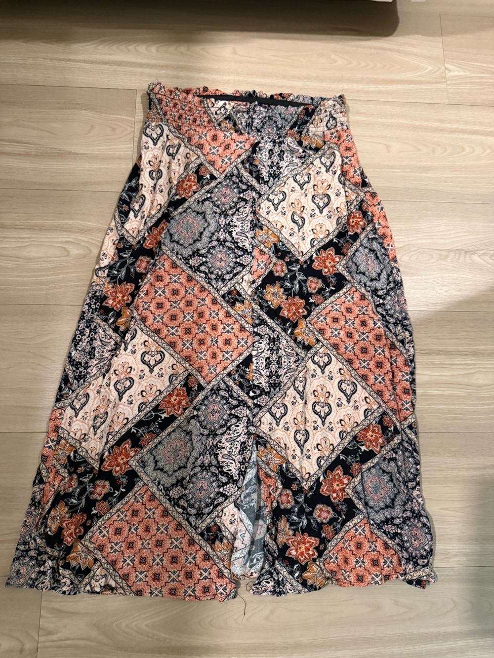 Boho Patchwork Maxi Skirt in Black, Coral & Cream